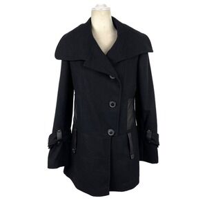 Trilogi Wool Blend Coat Black Faux Leather Trim Single Breasted Jacket Medium